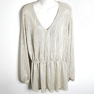 Lane Bryant White & Silver Metallic Top, Peplum Waist, Longsleeves, Size 22/24